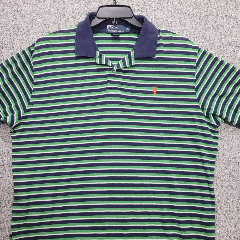 Polo Ralph Lauren Mens XL Blue Green Striped Short Sleeve Cotton Polo Shirt